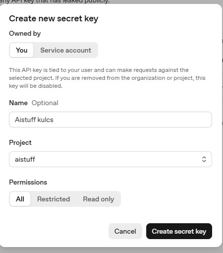 API kulcs l&eacute;trehoz&aacute;sa